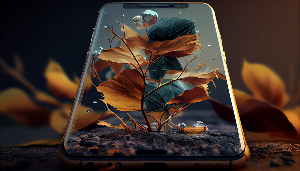 Autumn leafs in tablet display technology ,generative AI